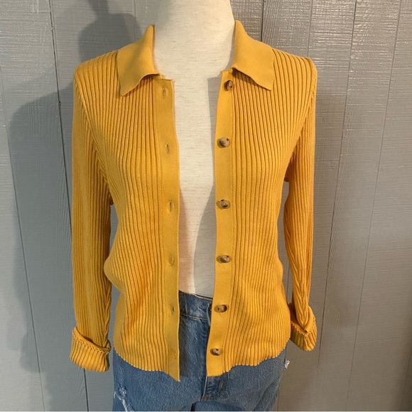 Abercrombie & Fitch Women's Yellow Gold Mustard Ribbed Cardigan Sweater XL - Picture 2 of 7